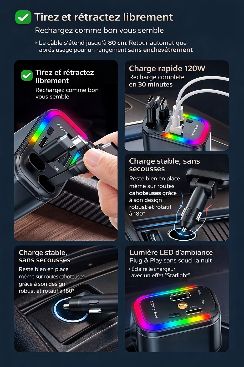 Chargeur auto rapide avec lumière LED