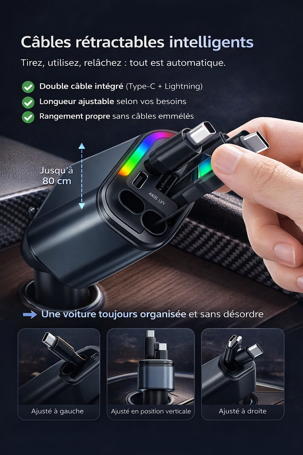 Chargeur voiture avec câbles rétractables intelligents
