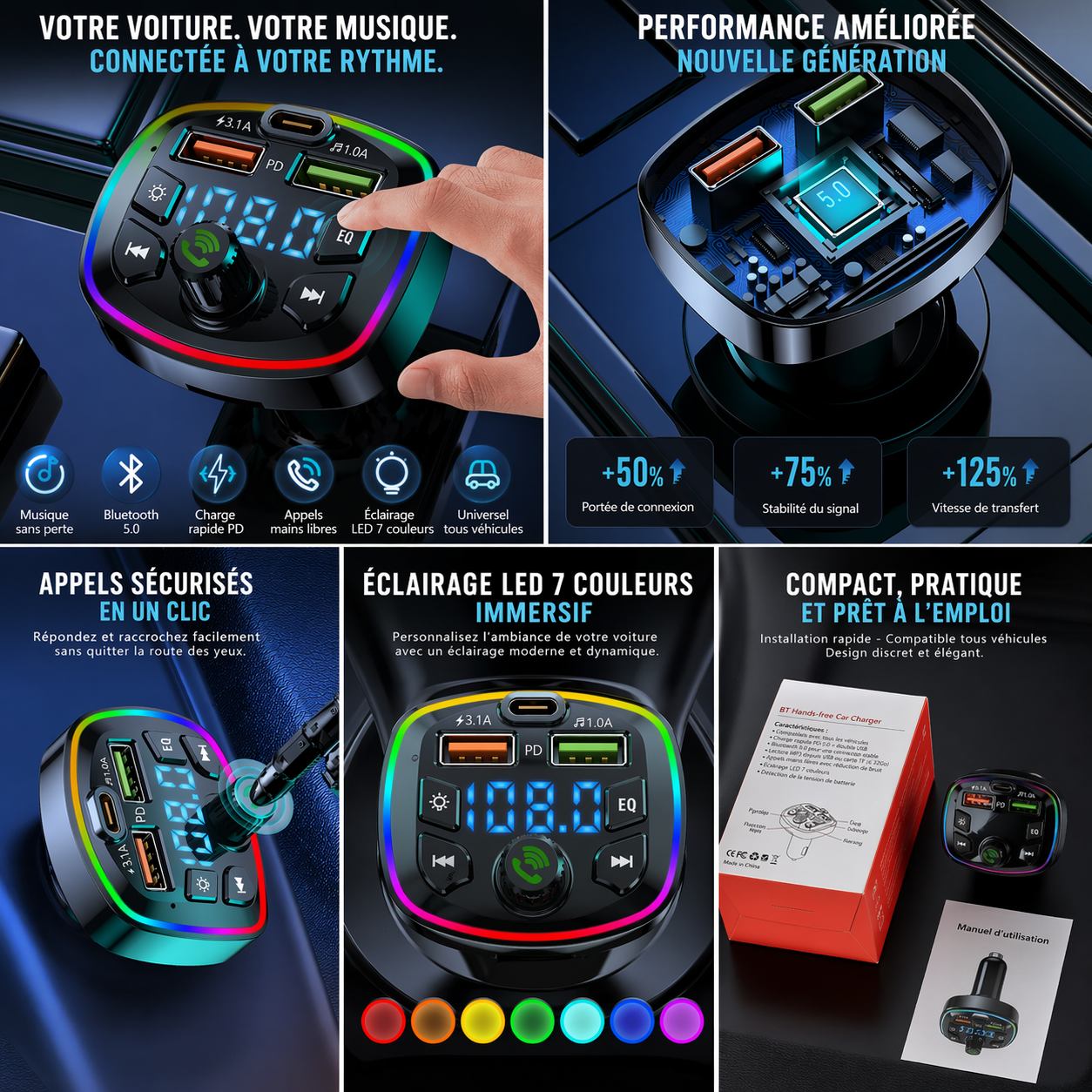 Transformateur Bluetooth voiture avec éclairage LEDTransformateur Bluetooth voiture avec éclairage LED
