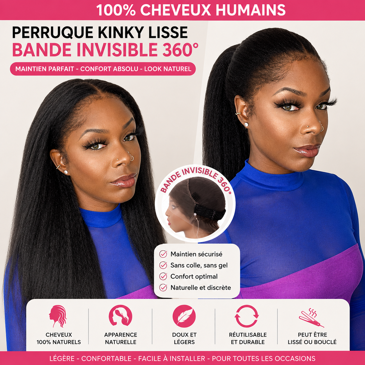 Perruque Lace Front 360 sans colle - cheveux humains – Image 2
