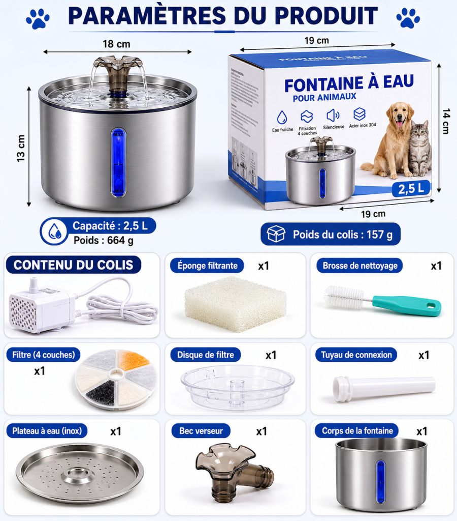 Paramètres du produit fontaine pour animaux