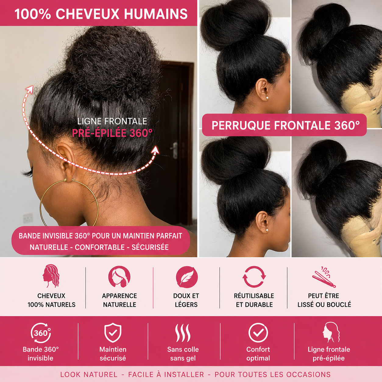Perruque Lace Front 360 sans colle - cheveux humains – Image 4