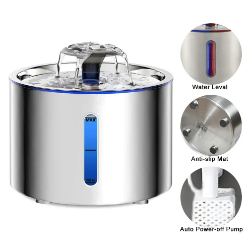 Fontaine d'eau automatique pour chat en acier inoxydable 2,5 l, mise hors tension automatique avec lumière LED, tapis antidérapant, distributeur d'eau pour chien