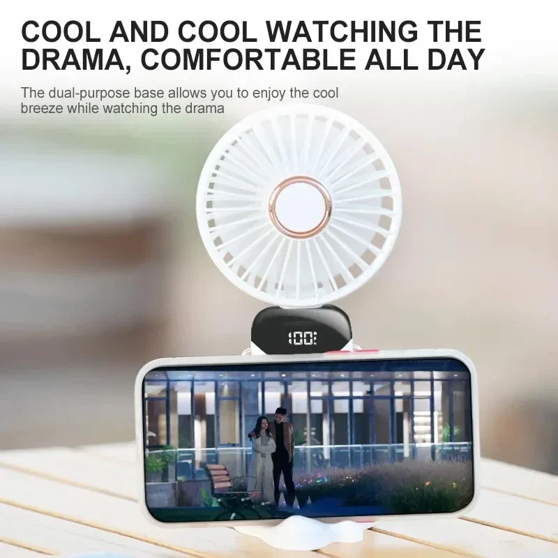 Mini ventilateur de cou portable avec support de téléphone et écran d'affichage – Image 3