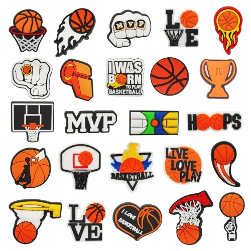 Décorations sur le thème du basket-ball, 24 pièces, breloques de chaussures pour sandales à diapositives à bulles Crocs, accessoires de chaussures en PVC pour cadeau d'anniversaire