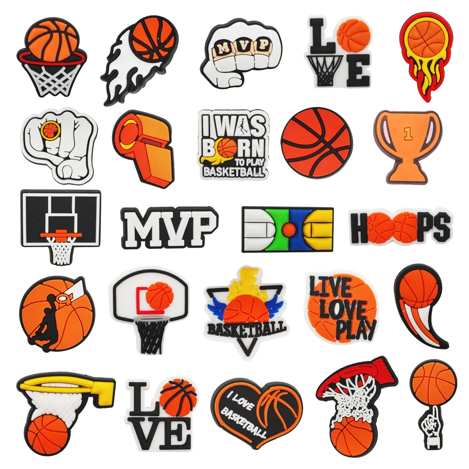 Décorations sur le thème du basket-ball, 24 pièces, breloques de chaussures pour sandales à diapositives à bulles Crocs, accessoires de chaussures en PVC pour cadeau d'anniversaire