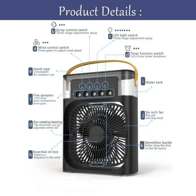 3 en 1 nouveau ventilateur climatiseur, petit refroidisseur d'air LED veilleuse Portable humidificateur – Image 5